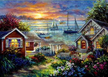 Anchor Bay - flowers, clouds, boats, trees, sunset, water, houses, bay