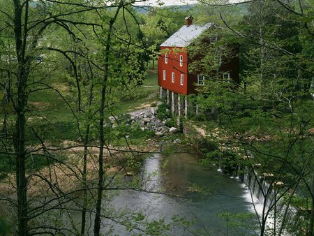 Sergeant Alvin York Grist Mill - nice, cottage, trees, greenery, water, historical, tourist, grist mill, view, pretty, reflection, calmness, river, green, house, grass, backwoods, fresh, building, scenic, summer, mill, lovely, serenity, country, nature, forest, lonely, red, beautiful, stones, cabin