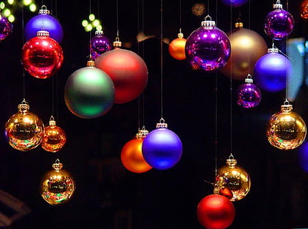 Christmas colors - balls, bright, variety, hanging, colors, christmas