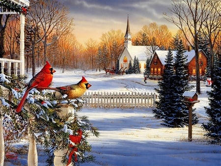 Crested Tits - christmas, birds, winter, painting, snow, lovely