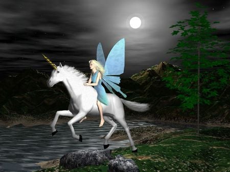 Fairy and Unicorn - moon, fairy, stream, night, unicorn, tree, sky