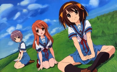 The Melancholy of Haruhi Suzumiya - sky, haruhi suzumiya, mikuru asahina, anime, blue sky, grass, yuki nagato