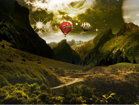 Beautiful landscape - ballon, landscape, grass, forest, peace