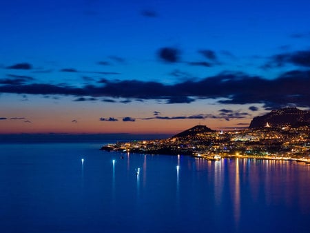 City night - sky, ocean, clouds, blue, city, lights