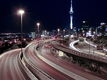 City roads at night - roads, city, dark sky, lights