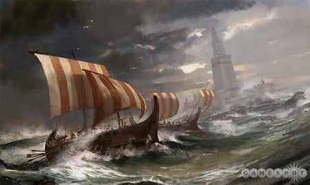 Ancient War Ships - grey clouds, sailors, war ship, tower, sea