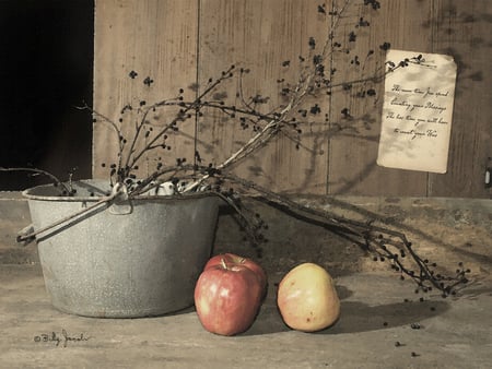 Simple - doorway, apples, vines, note, fruit, table, pail