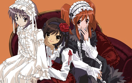 The Melancholy of Haruhi Suzumiya - haruhi, mikuru, fashion, dress, lolita, black, yuki, white, haruhi suzumiya