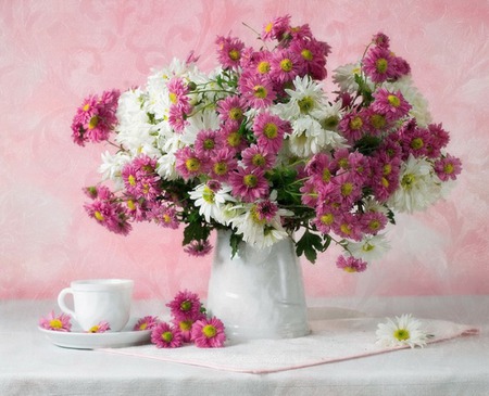 Tea Time - nice, delicate, still life, white, pretty, table, tea time, daisies, harmony, tea, glyn, lovely, cup, vase, pink, red, flowers