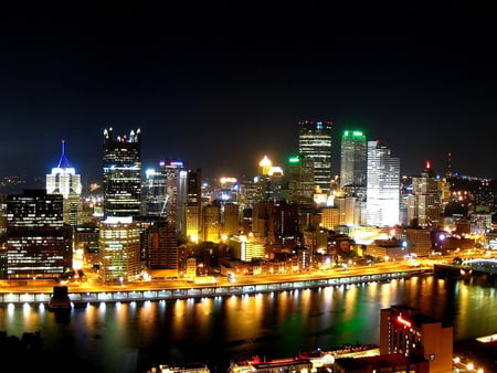 downtown pittsburgh skyline - pittsburgh, light, night, 3  river, downtown