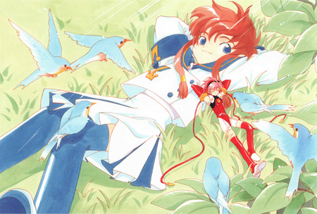 Spring Siesta - anime, hikaru, siesta, misaki, spring, grass, angel, nap, angelic layer, blue birds