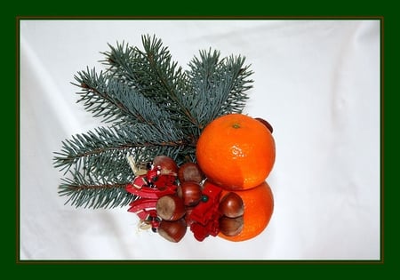 Christmas still life - nuts, beautifful, reflection, fruits, mirror, pine, orange, christmas decoration