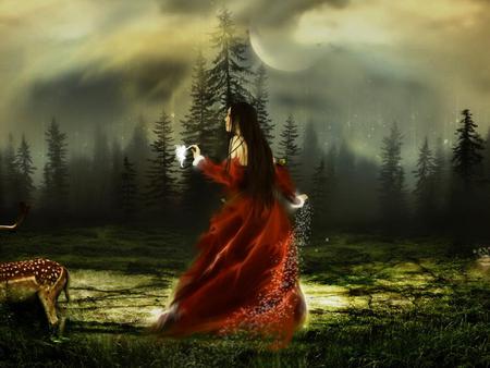 Red dress - fantasy, dream, tree, girl, woman