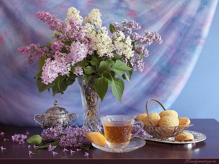 Still Live - soft color, fruits, cup tea, flowers, flower