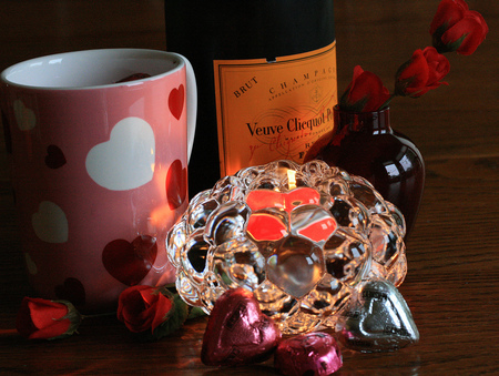 Still celebrating - glass, roses, photography, champagne, still life, cup, celebration, hearts, abstract, pink, red, bottle, flowers, chocolate