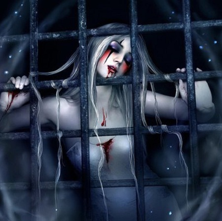 Caged - blood, fantasy, female, bars, beautiful, artwork