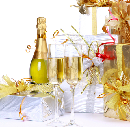 Happy New Year - elegantly, gifts, happy new year, beautiful, photography, cool, gentle, drink, champagne, glasses, holiday, box, nice, merry christmas