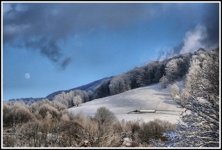 Winter in Romania - blue, landscape, snow, cottage, sky, trees, winter, oas, romania, beauty, popular, frozen, white, nature, cold, places, background, mountains