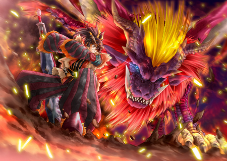 monster hunter - monster, hunter, teostra, fire, sword, weapon, muranako, horns