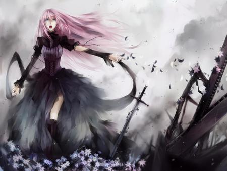 Megurine Luka - pretty, female, pink, luka, flowers, nice, program, cherry blossom, thighhighs, megurine, sword, beauty, virtual, rubble, dust, white, gray, megurine luka, cute, aqua eyes, song, vocaloid, anime, dress, music, aqua, black dress, katana, pink hair, sky, idol, clouds, trees, sakura, beautiful, singer, girl, cool, black, sakura tree, awesome, diva, vocaloids