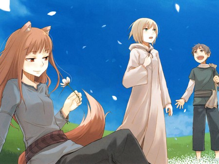 Spice and Wolf - wolf girl, wolf, flower petals, spice and wolf, wolfgirl, lawrence kraft, nora arendt