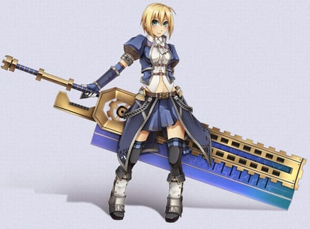 monster hunter - hunter, eyes, sword, blush, blonde hair, short hair, armor, monster, green, weapon