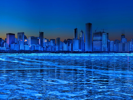 Reflections of night - reflections, water, blue night, skyline, skyscraper, city, buildings