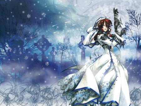 Trinity Blood - gun, esther blanchett, blood, snowflakes, vampire, white, snow, trinity blood, dress