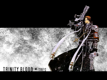 Trinity Blood - vampire, blood, black, white, tres iqus, gun, trinity blood, cyborg