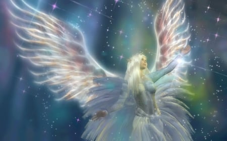 Dreamy Fairy - stars, angel, soft, wings, dream, black, fantasy, white, star, yellow, pink, blue, pastel, green, fairy, dreamy