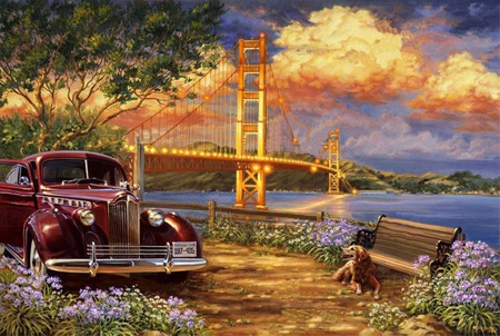 Secluded View - clouds, red car, trees, golden gate bridge, fence, flowers, car, bench, pathe, bridge