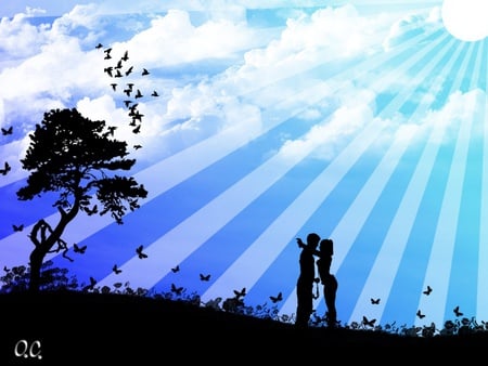 Love in the Spring Time - moon, lovers, moonlight rays, blue sky, tree, birds, butterflies