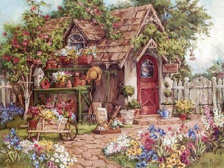 Welcome Friends - cobblestones, windows, bird houses, sky, trees, wheelbarrel, painting, water can, house, trellis, garden tools, garden, fence, pots, sign, roof, door, steps, flowers