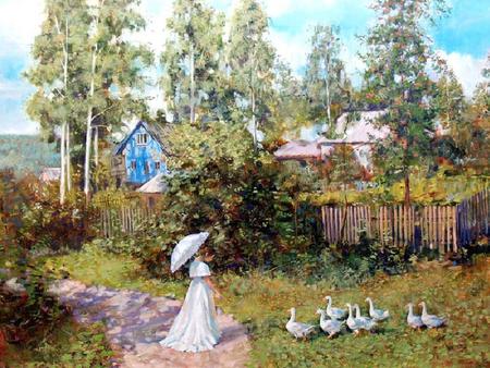 Feeding Time - clouds, young girl, trees, dress, bushes, grass, umbrella, painting, ducks, houses, sky, walkway