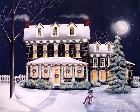 Winter Dream - homestead, sky, trees, garland, home, pretty, decorations, family, wreaths, snowman, celebrations, moon, stars, fence, scenic, winter, night, smoke, christmas, chimneys, bright, snow, big, lights