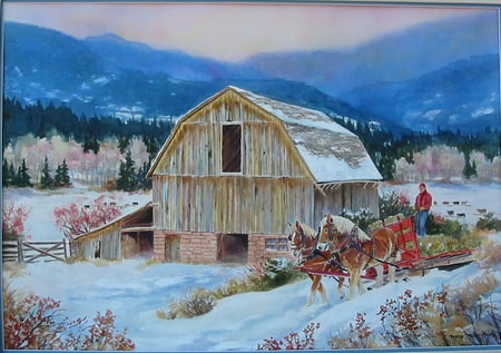 The Colorado Snow - painting, colorado, snow, barn