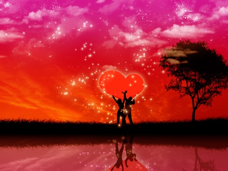 Reaching For Our Love - sky, vector, stars, lovers, pink, clouds, red, tree