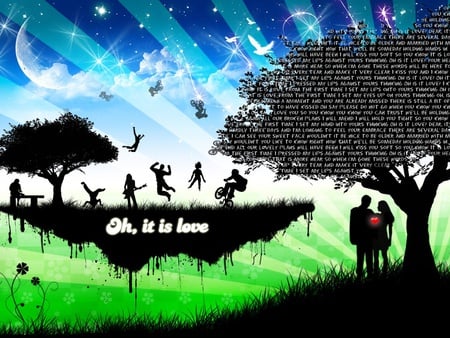 Oh, It Is Love - moon, bmx riders, woman guitarist, vector, tree, lovers