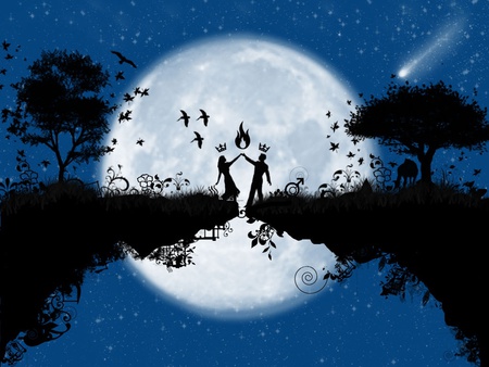 Royal Burning Love - moon, crowns, stars, lover, sky, trees, night, flame, butterflies, birds