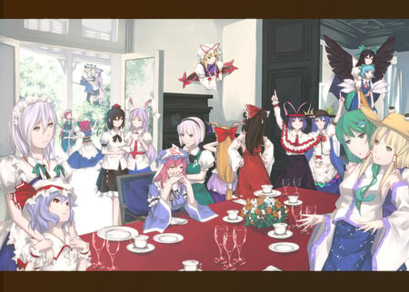 touhou party - saigyouji yuyuko, shameimaru aya, hong meiling, touhou, kirisame marisa, hakurei reimu, konpaku youmu, yakumo yukari, alice margatroid, cirno, moriya suwako, reisen udongein inaba, kochiya sanae, patchouli knowledge, izayoi sakuya, onozuka komachi, ibuki suika, remilia scarlet