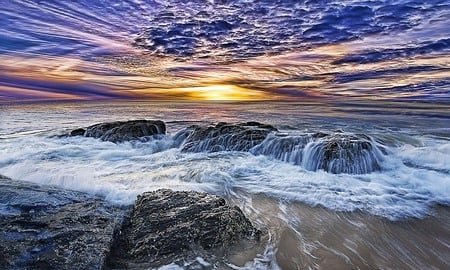 Refreshing - sky, beach, cool, sunset, sea, wave, rocks