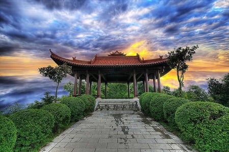 Time for rest - path, sunset, resting, cloud, pavilion, plant, sky