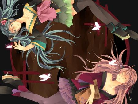 Hatsune Miku & Megurine Luka - pretty, artistic, pink, luka, flowers, sad, nice, abstract, program, hot, thighhighs, megurine, beauty, kimono, virtual, megurine luka, butterfly, cute, traditional, pink ahir, culture, song, sexy, japanese, vocaloid, anime, blue, twintail, hatsune miku, music, aqua, art, idol, skirt, beautiful, singer, girl, cool, colorful, miku, awesome, diva, aqua hair, hatsune, vocaloids