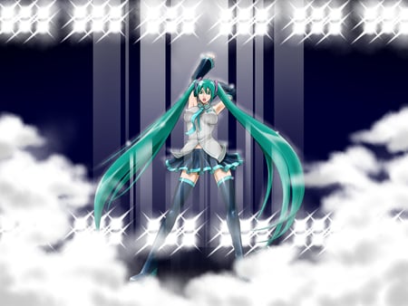 Hatsune Miku - aqua, stage, headset, music, thighhighs, cool, hatsune miku, skirt, song, smoke, vocaloids, program, glow, vocaloid, beautiful, diva, nice, beauty, twintail, singer, virtual, pretty, idol, anime, miku, cute, girl, shiny, hatsune, microphone, headphones, tie, awesome, lights