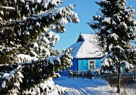 Winter - pretty, blue, snow, path, houses, sky, house, trees, winter, beautiful, road, beauty, colors, lovely, architecture, tree, white, nature, cold, peaceful