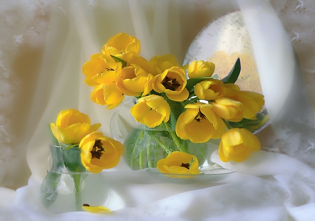 Yellow Tulips - nice, beauty, yellow tulips, photography, delicate, flower arrangements, tulips, still life, spring, with love, pretty, yellow, petals, romance, color, drops, vases, lovely, vase, nature, romantic, mirror, beautiful, tulip, cheerful, flowers