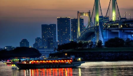 Dream Boat - city, bridge, water, boat