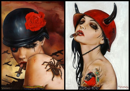 Ticklish and Horns - fantasy, rose, cigar, helmet, female, artwork, horns