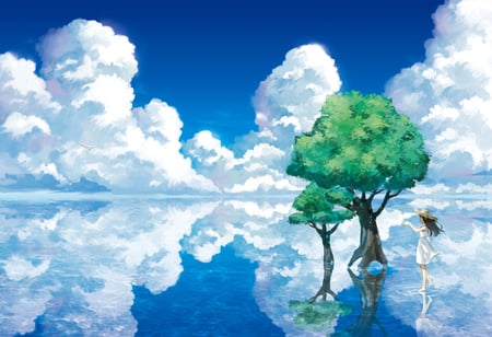 walking upon - clouds, water, tree, green