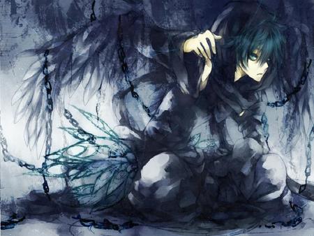 darkness within - anime, chains, wing, dark